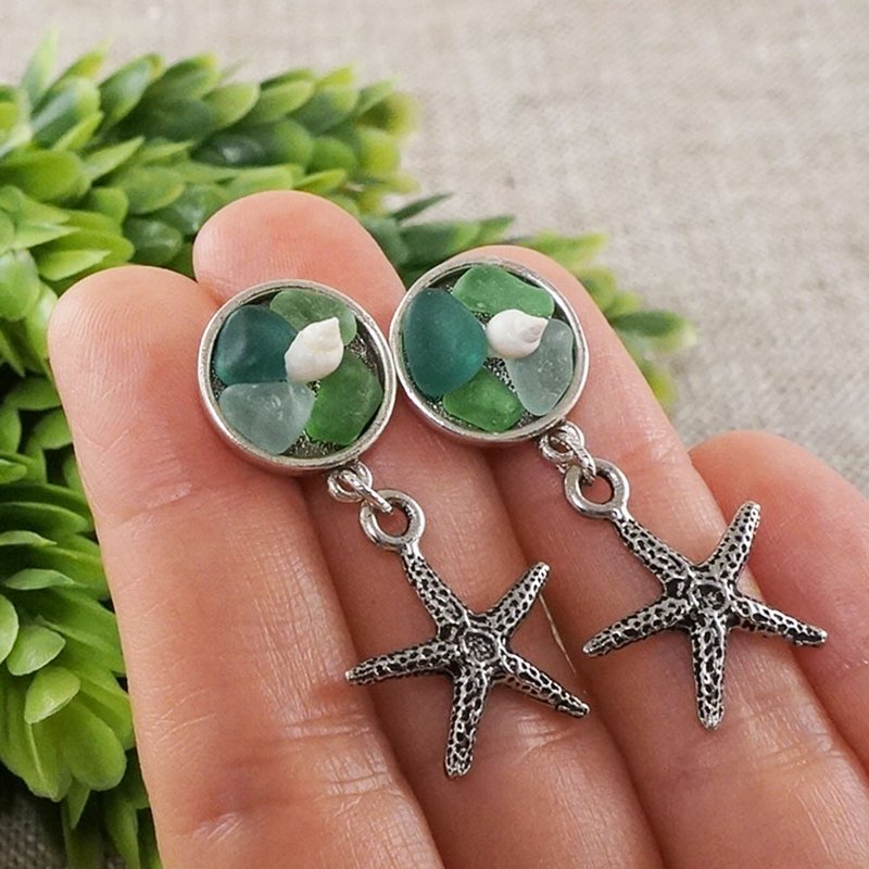 Green Sea Glass Earrings Sea Star Shell Silver Starfish Marine Earrings Jewelry - 耳環/耳夾/耳骨夾 - 琉璃 綠色