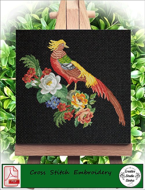CreativeStudioElenka Vintage Cross Stitch Scheme Pheasant and flowers - PDF Embroidery Scheme