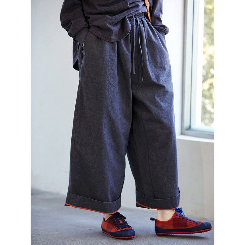 Gray purple pure cotton elastic loose slim casual waist straight pants - กางเกงขายาว - ผ้าฝ้าย/ผ้าลินิน 