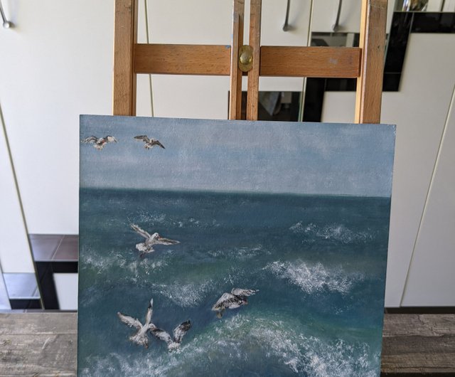 カモメ、油絵、壁アート、海景、オリジナルアート、空、波、青い