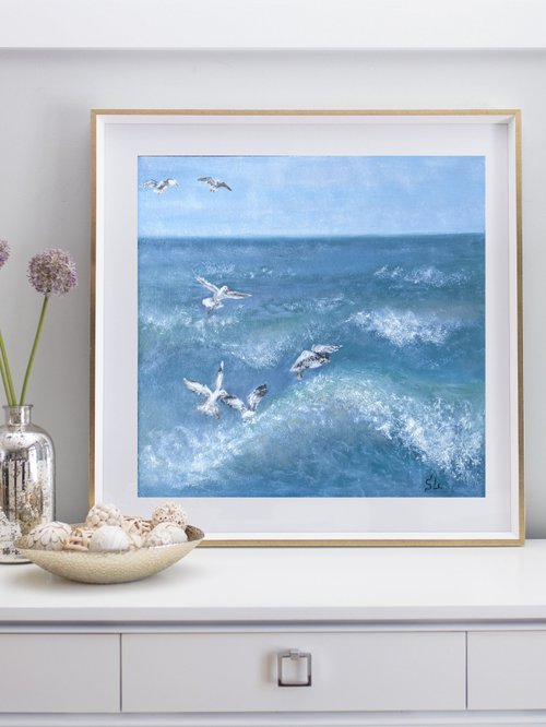 sea gulls oil painting wall art seascape original art sky