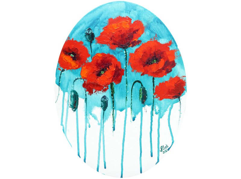 Red Poppy Painting Flower Original Art California Poppy Oil Painting On canvas - 海報/掛畫/掛布 - 其他材質 紅色