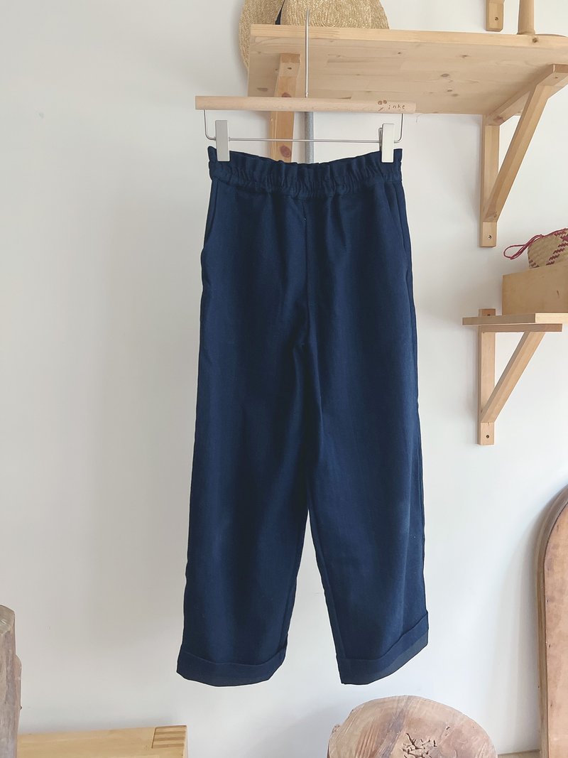 Out-of-print fabrics in stock Xinhua series denim dark blue handmade pocket elastic wide pants - กางเกงขายาว - ผ้าฝ้าย/ผ้าลินิน 