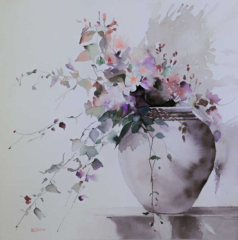 Flowers in the pot watercolor painting 2023 - Posters - Paper White