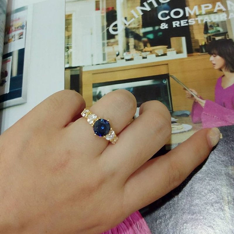 寶藍色萊茵水鑽心型古董老件戒指 - 戒指 - 其他金屬 藍色