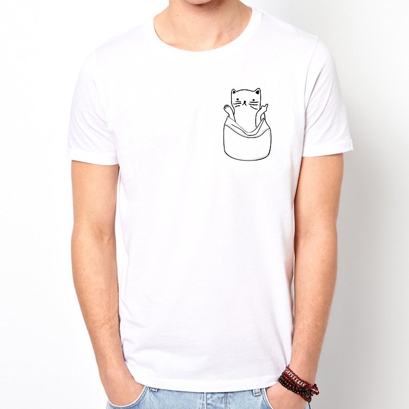 猫＃3フェイクポケットユニセックス半袖Tシャツを気にする人白い柴犬犬猫髪キッド動物かわいい楽しい - Tシャツ メンズ - コットン・麻 ホワイト