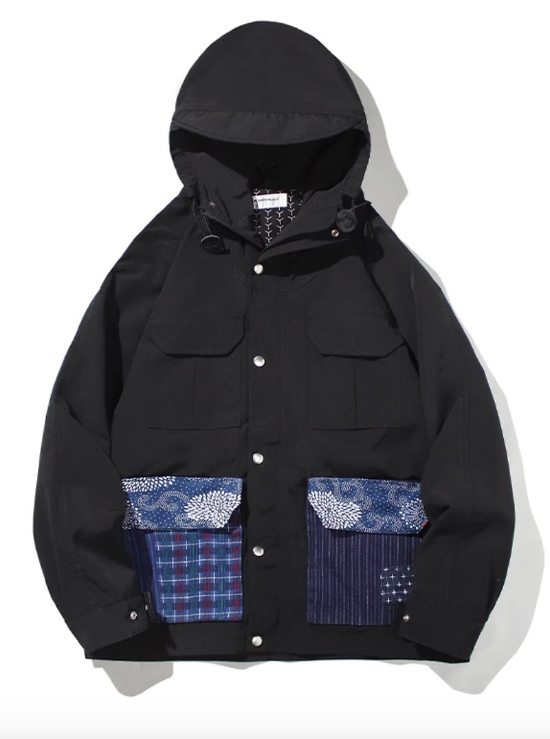 日系復古 藍染防水沖鋒衣夾克 - 外套/大衣 - 其他材質 黑色
