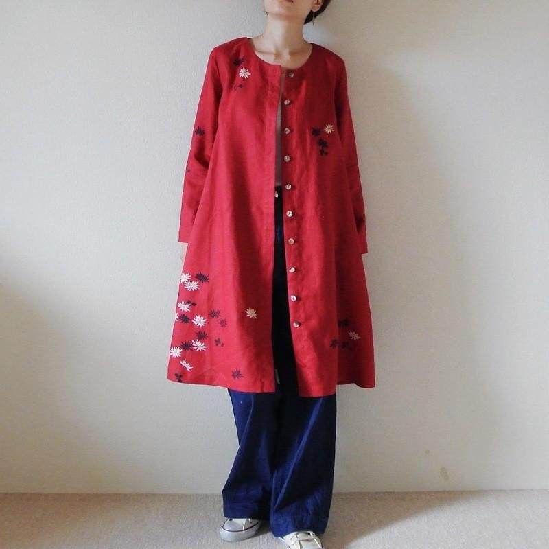 リネンコートワンピース　赤　小菊 - 女大衣/外套 - 棉．麻 紅色