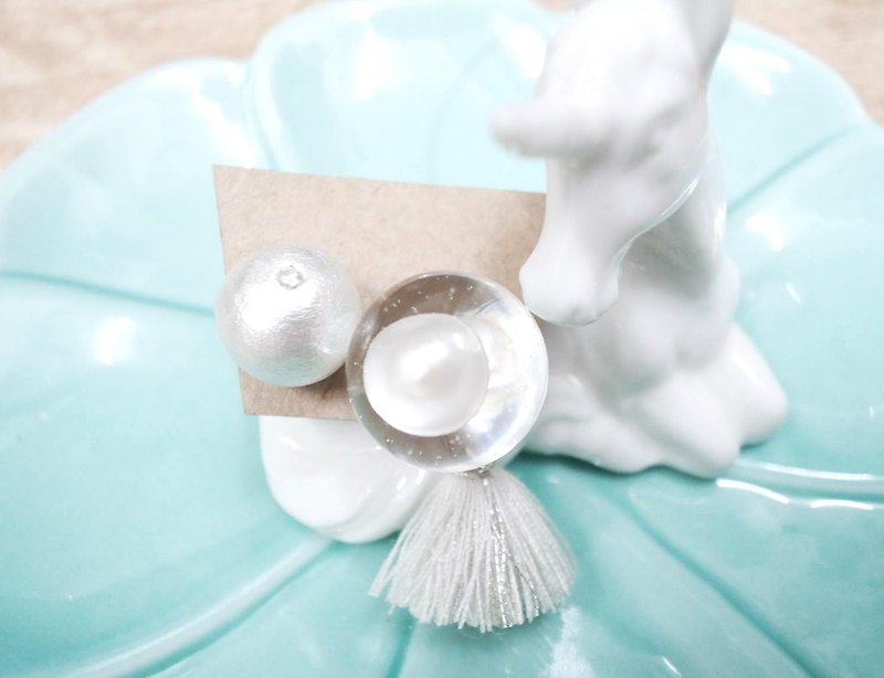 天然淡水珍珠 棉棉珠 透明水晶球 銀白色流蘇 925純銀 耳環 - 耳環/耳夾 - 其他材質 白色