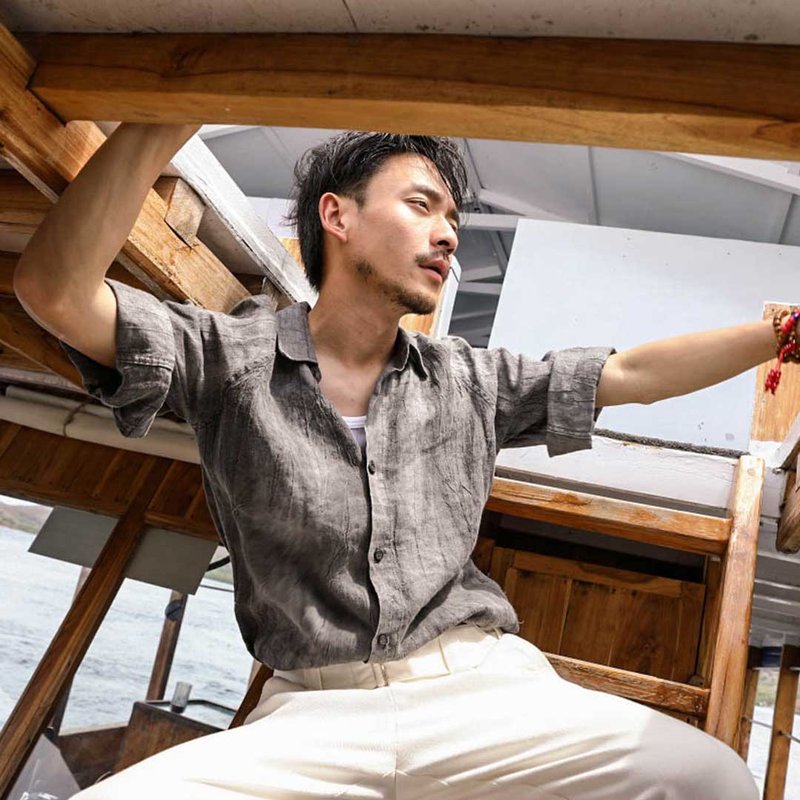 SOARIN原創復古仿舊水洗漸層插肩袖休閒襯衫-灰色短袖 ( 92C222 ) - 男襯衫/休閒襯衫 - 棉．麻 灰色