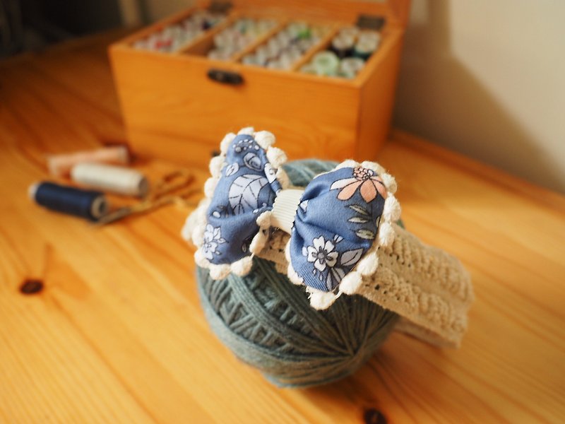 手作嬰兒女童藍色碎花蝴蝶結彈性髮夾髮帶兩用頭飾 - 嬰兒飾品 - 棉．麻 藍色