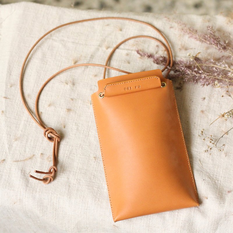Genuine leather handmade mobile phone bag side backpack original leather brown - กระเป๋าแมสเซนเจอร์ - หนังแท้ สีส้ม
