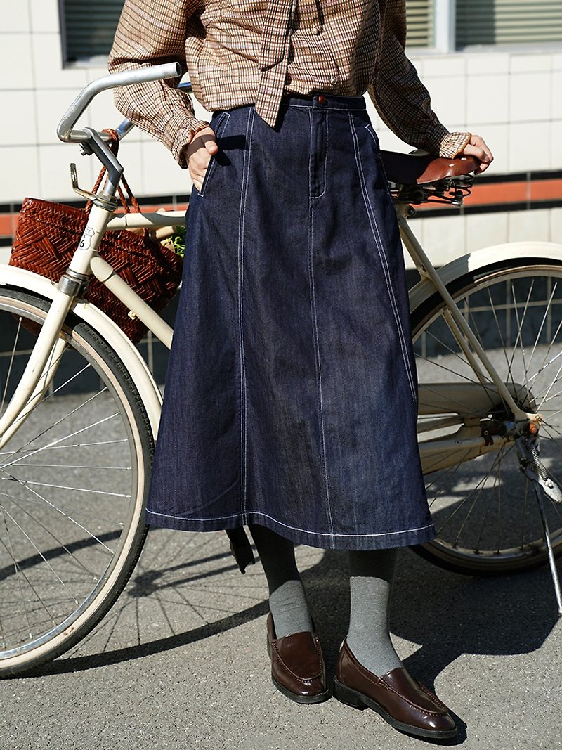 Mintcheese French girl slim and versatile denim skirt - กระโปรง - ผ้าฝ้าย/ผ้าลินิน สีน้ำเงิน
