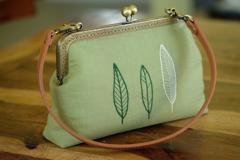 CaCa Crafts | Kisslock Handbag - Hand Embroidered Summer Leaves - Messenger Bags & Sling Bags - Cotton & Hemp Green