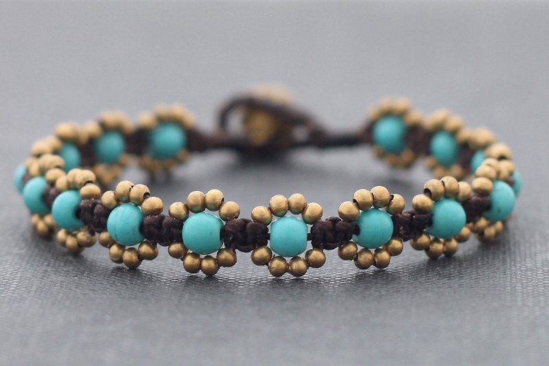 綠松石黃銅石頭編織串珠手鍊，可愛的花朵雛菊手工手工編織手鍊 - 手鍊/手環 - 石頭 藍色