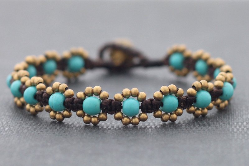 Turquoise Brass Stone Woven Beaded Bracelets, Cute Flower Daisy Handmade Hand Woven Bracelets - สร้อยข้อมือ - หิน สีน้ำเงิน