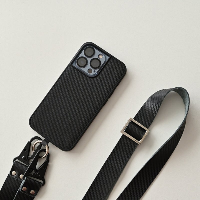 iPhone限定 リアケース 【 カーボンレザー スマホショルダー セット 】 アウトドア 本革 レザー 誕生日 プレゼント ギフト メンズ EH02M - スマホケース・カバー - 革 ブラック