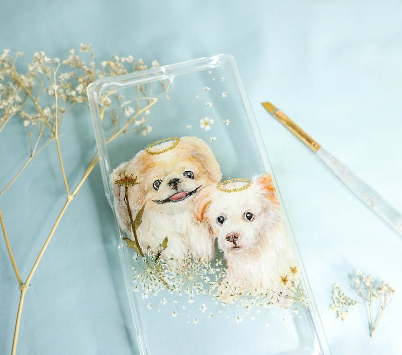 Tailor-made Hand-drawn Pet Pressed Flower Phone Case | Pekingese / Dog - เคส/ซองมือถือ - พืช/ดอกไม้ ขาว