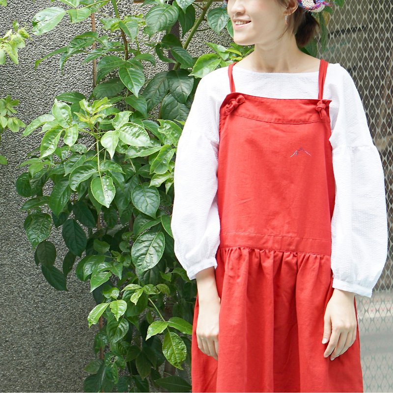 Lovely red cotton linen pocket straps dress - hills / flower trees - One Piece Dresses - Cotton & Hemp Red