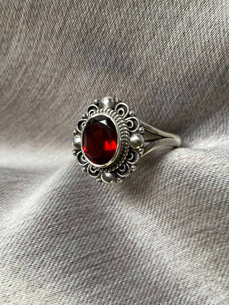 天然 切面 石榴石 尼泊爾 手工製 925純銀 - 戒指 - 寶石 紅色