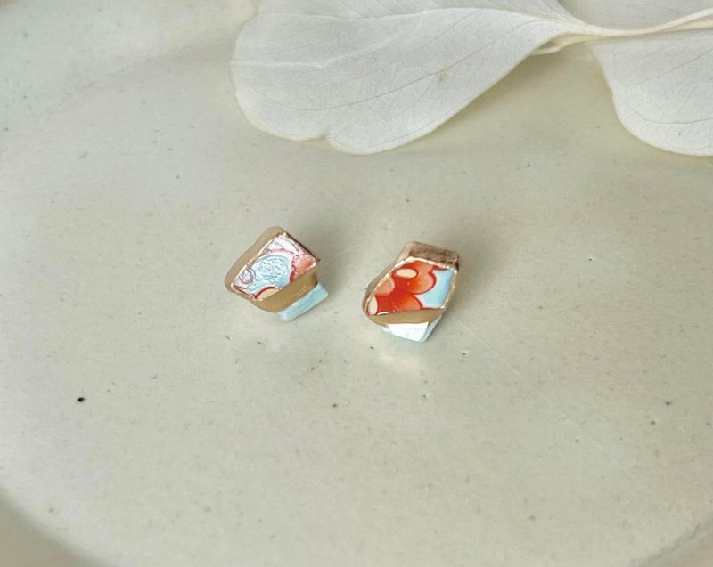 有田焼 金継ぎ サージカルステンレスピアス　オレンジ　花柄　ラリマー　天然石　 伝統工芸　No.58 - 耳環/耳夾/耳骨夾 - 陶 橘色