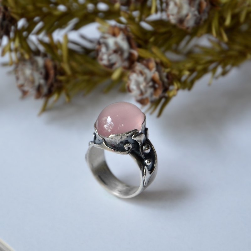 Ginkgo biloba vintage Silver rose quartz ring - แหวนทั่วไป - โลหะ สึชมพู