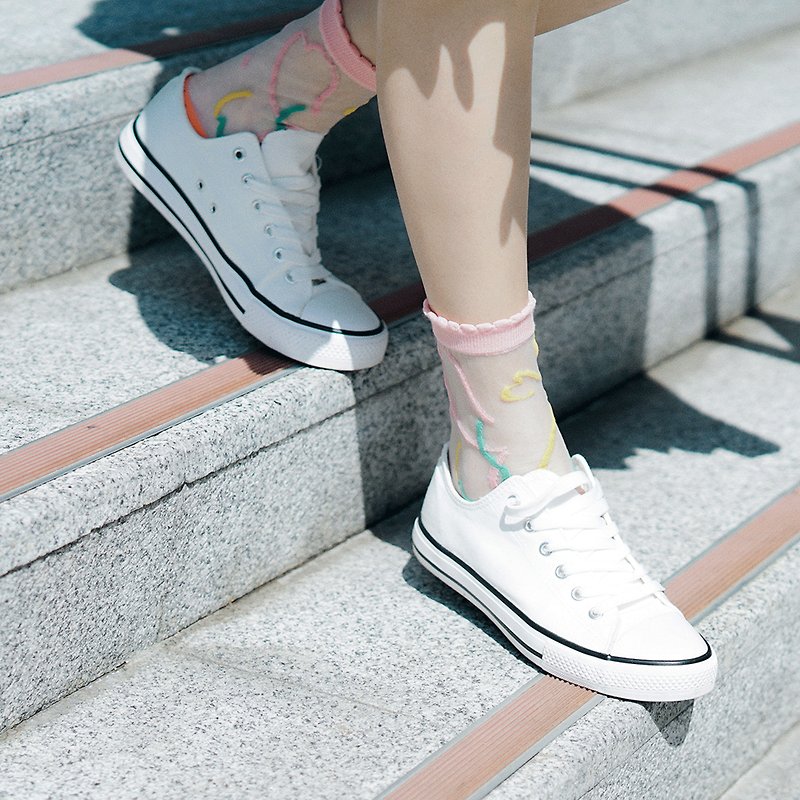 花香協奏曲/粉紅(M)-MIT設計透明中筒襪 - 襪子 - 棉．麻 粉紅色