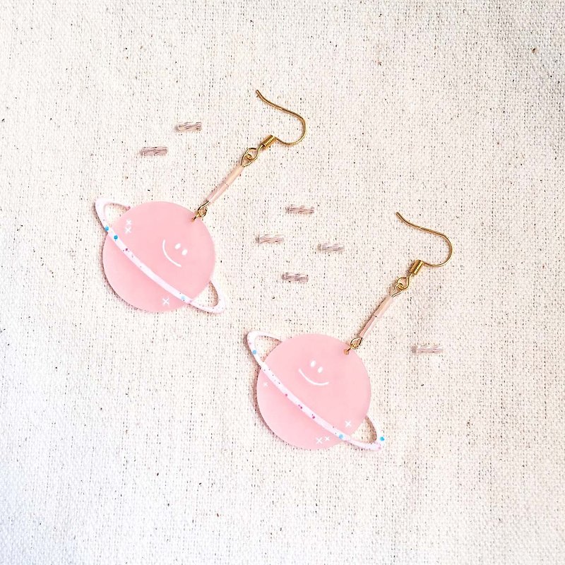 Pink Planet / Earrings Ear Hook Ear Clips - Earrings & Clip-ons - Acrylic Pink
