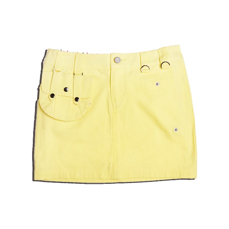 Mid-waist College Style Women Skirt Mini Solid Cotton 2 Detachable Pocket Skirt - Skirts - Cotton & Hemp Yellow