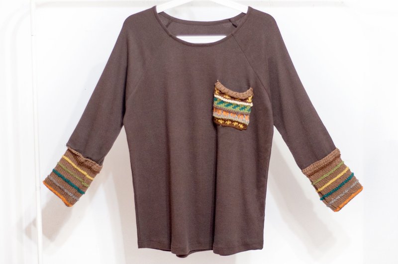 Crocheted top / stitching long sleeve top / hand crocheted Tee / ethnic tops - Nordic coffee rainbow - Women's Tops - Wool Brown