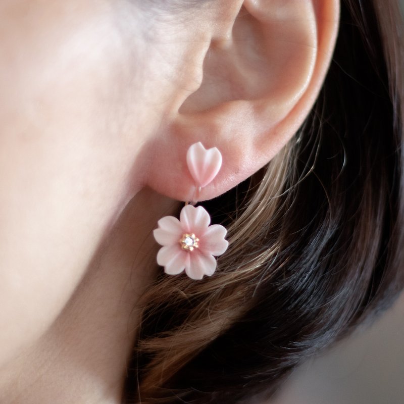 Sakura Dancing Back Catch Earrings/Non-hole - Earrings & Clip-ons - Clay Pink
