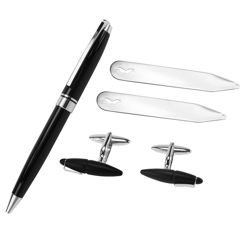 Black Pen Cufflinks Collar Stays and Pen Set - กระดุมข้อมือ - โลหะ สีดำ