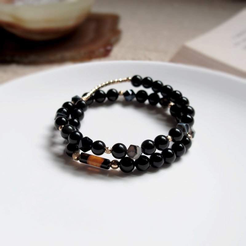 Double Circle Bracelet∣ Obsidian Agate 6mm - Bracelets - Semi-Precious Stones Black