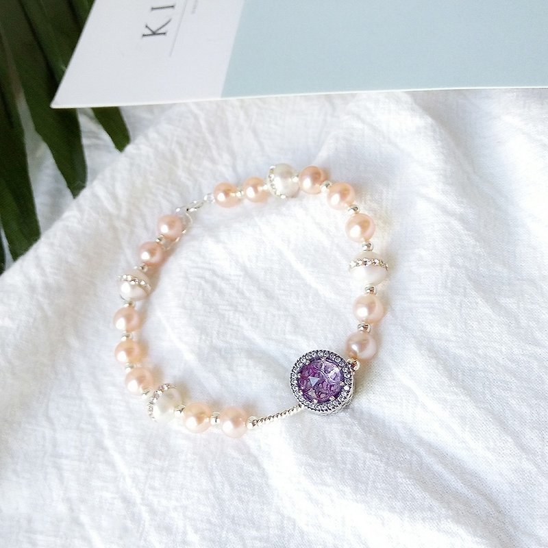 天然珍珠幸運紫水晶潘多拉手鏈個性精美手串925銀飾 - 手鍊/手鐲 - 寶石 粉紅色
