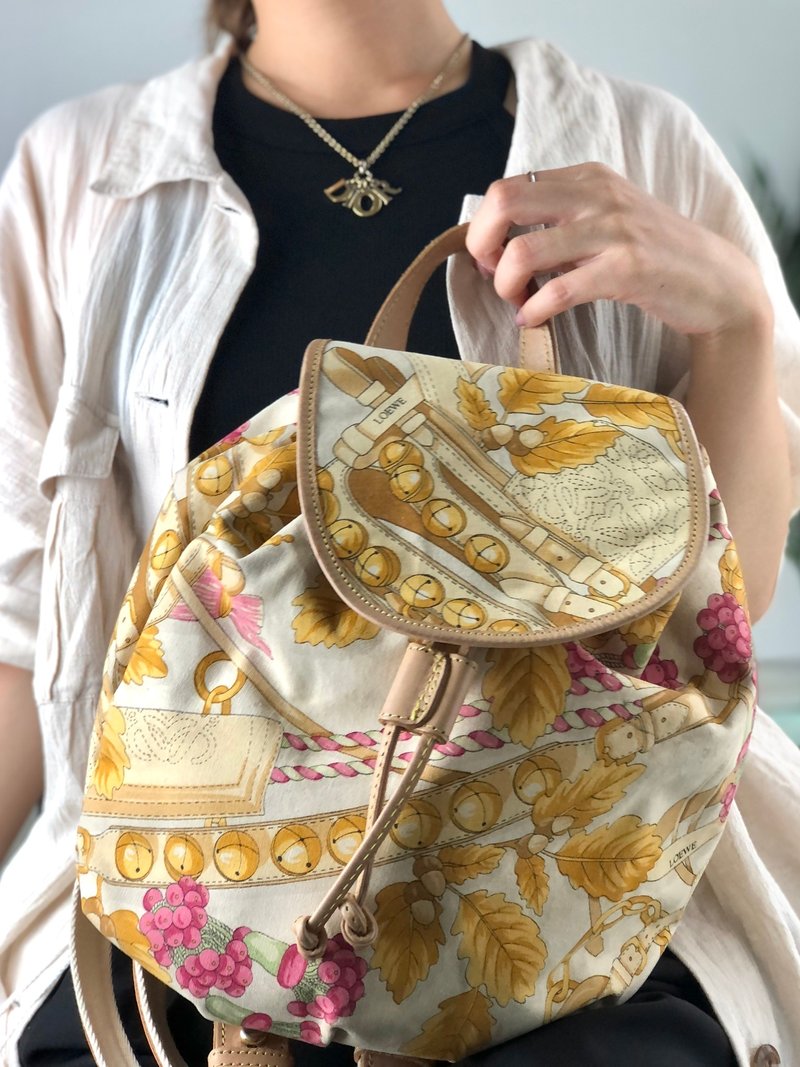【福袋3】LOEWE ロエベ 総柄 キャンバス バックパック/Christian Dior クリスチャン ディオール ネックレス - 後背包/背包/書包 - 真皮 咖啡色