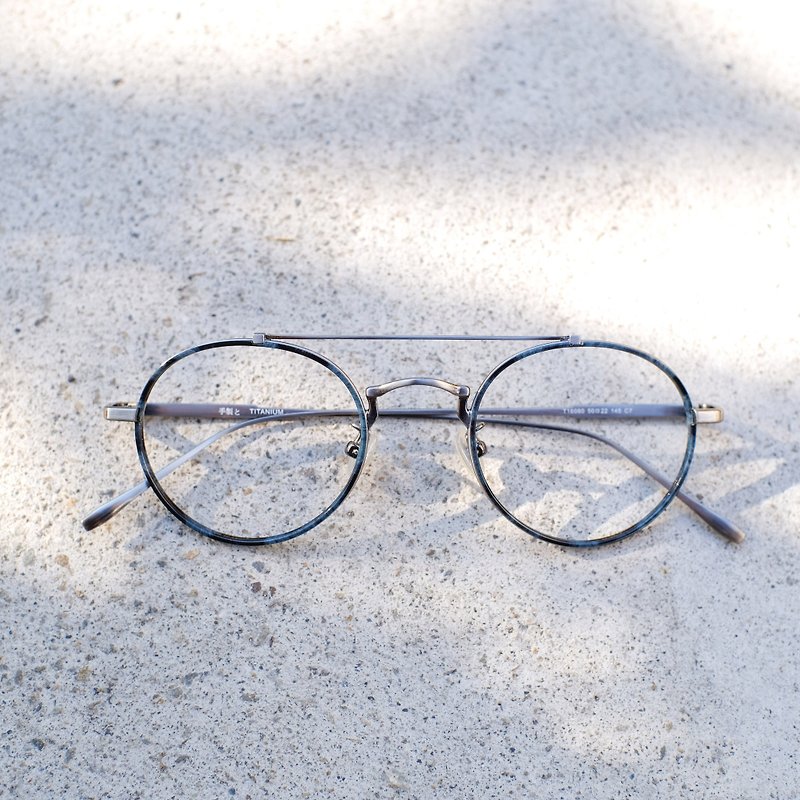 [Commercial Firms] Vintage Double Beam Titanium Metal Frame with Plate Blue Dragonfly - กรอบแว่นตา - โลหะ สีนำ้ตาล