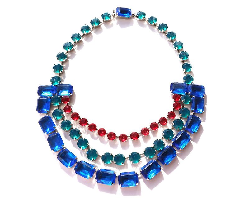 70s vintage red blue green acrylic necklace - Necklaces - Acrylic Blue