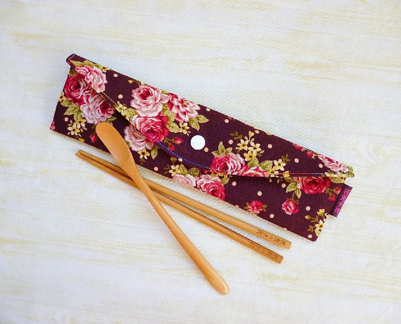 (Stiff version) Little rose lengthened and enlarged version of environmentally friendly tableware bag chopstick cover straw bag - Storage - Cotton & Hemp Brown