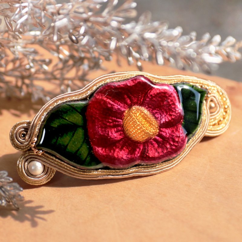 Camellia Cloisonne Soutachie Barrette - Hair Accessories - Other Metals Red