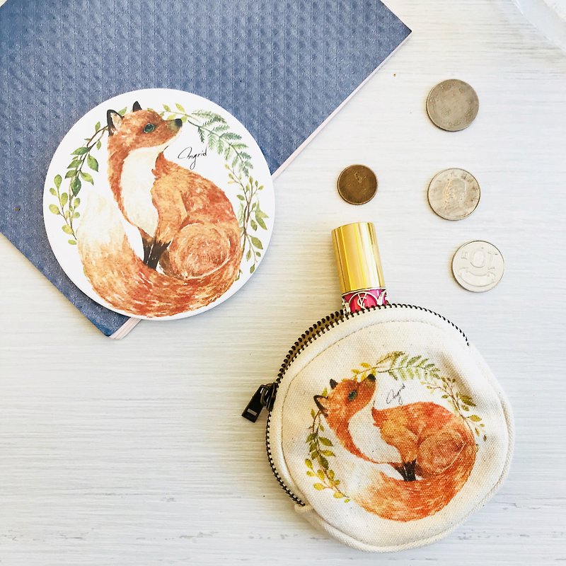 Forest Fox Coin Purse and Ceramic Absorbent Coaster Set - ที่รองแก้ว - ดินเผา สีกากี
