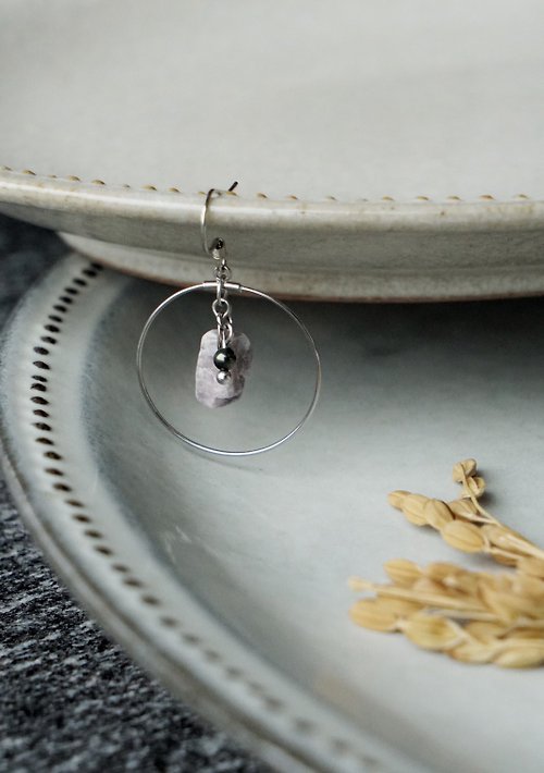 米石里 石穗-霜降 紫色大理石搭配大圈圈單邊耳環 日本配件手作飾品