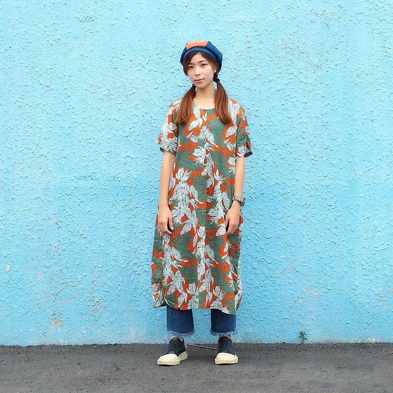 Maverick Village cotton and linen comfortable loose dress long coat [sea orange palm] J-34 limited edition - One Piece Dresses - Cotton & Hemp Orange