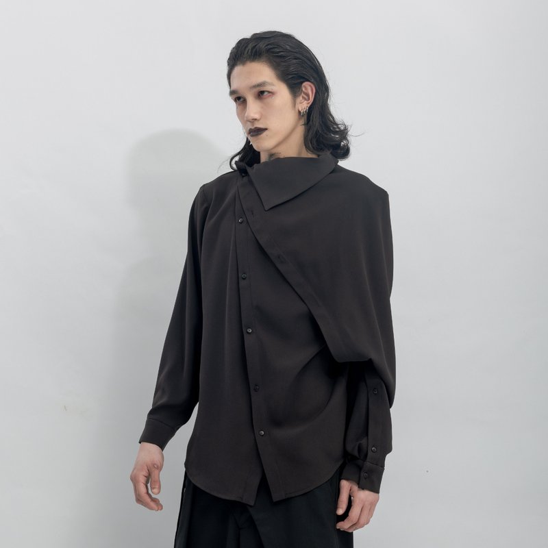 INF 解構門襟一體袖結構襯衫 / 黑 - 男襯衫/休閒襯衫 - 聚酯纖維 黑色