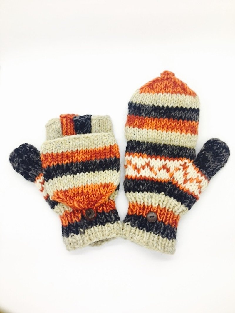Nepal 100% wool hand-knitted pure wool thick gloves - gray meter x Orange x Nordic style - ถุงมือ - ขนแกะ หลากหลายสี