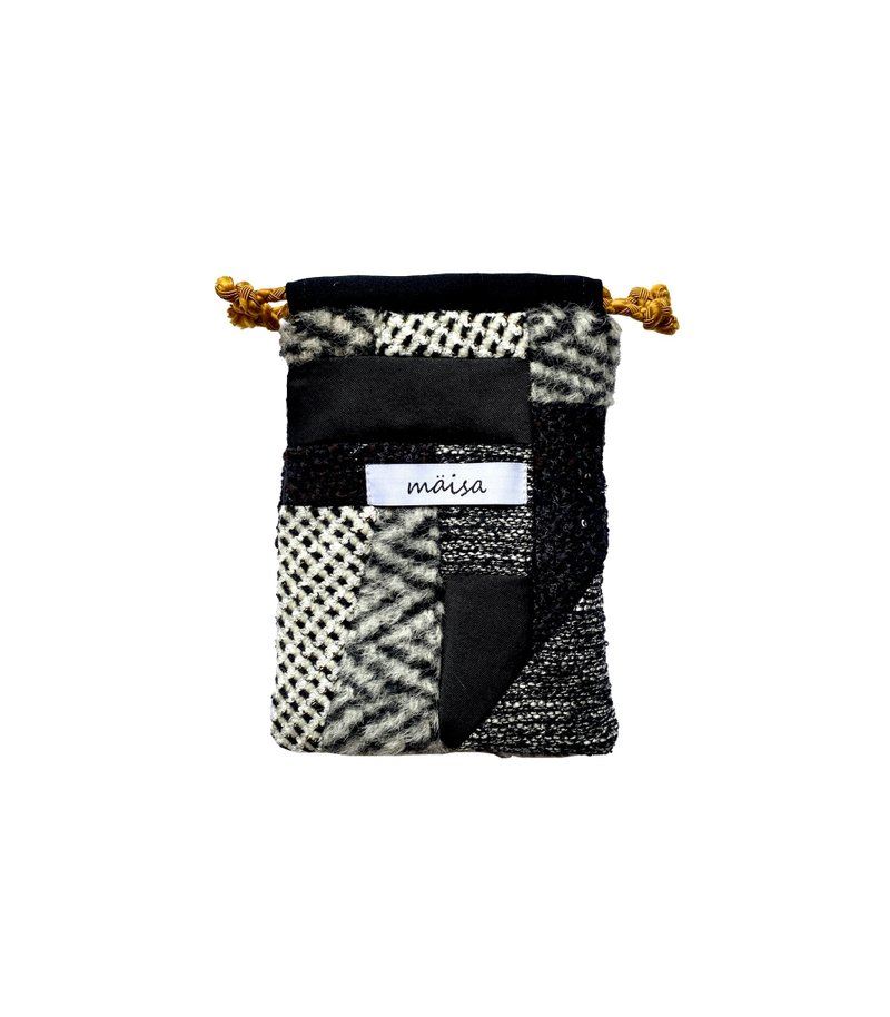 Patchwork Drawstring Mini Pouch 01 - 化妝包/收納袋 - 羊毛 黑色