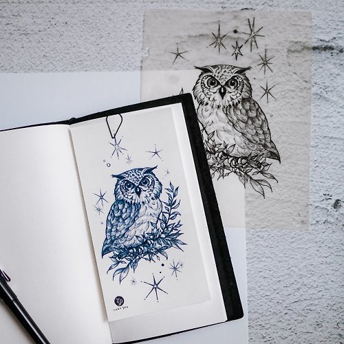 ╰ LAZY DUO TATTOO ╮ Night Owl Tattoo 貓頭鷹刺青紋身貼紙 插畫風森林鳥動物紋身刺青