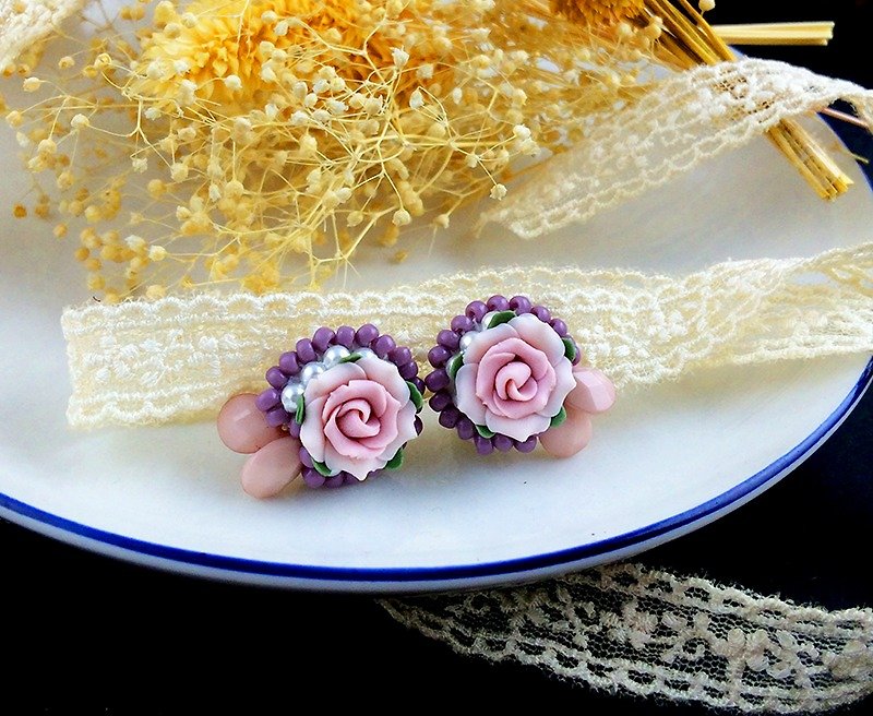 花嫁玫瑰手工耳環耳夾-紫珠玫瑰 - 耳環/耳夾 - 其他材質 紫色