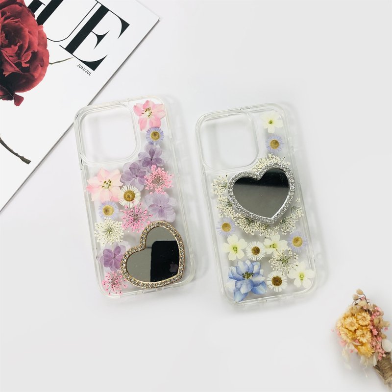 Natural handmade pink blue flower mirror phone case for iPhone 16 Samsung S25 - Phone Cases - Plants & Flowers 