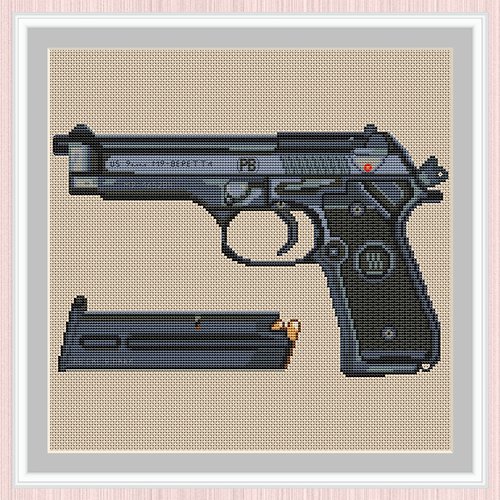 LarisaStitch Beretta M9 Cross Stitch Pattern | Pistol Embroidery Scheme • 十字繡圖案