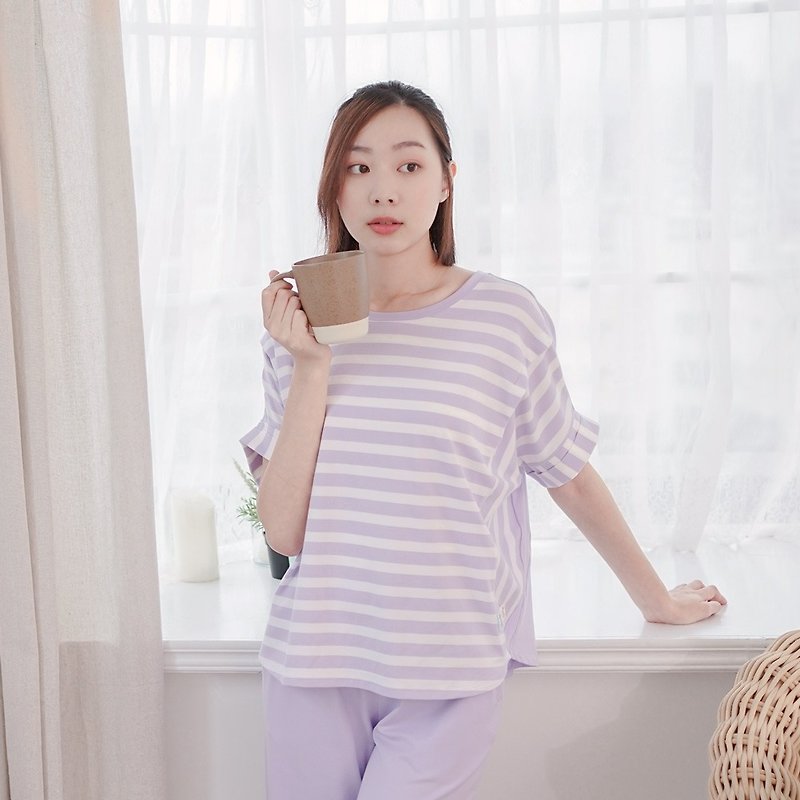 UMORFIL Collagen Striped Short Sleeve Homewear-Striped Purple - ชุดนอน/ชุดอยู่บ้าน - ผ้าฝ้าย/ผ้าลินิน สีม่วง